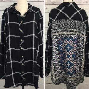 NEW Tolani Collection Plaid Flannel Shirt Printed Back Black Size L